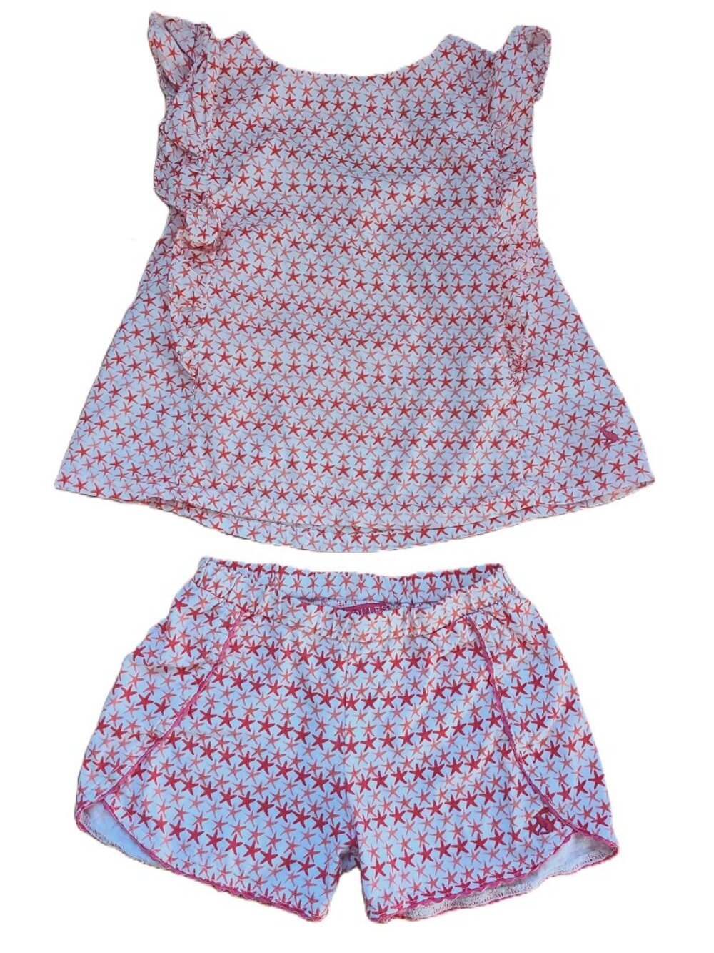 Share Joules Girls White and Red Sky Star Fish Geo Frilled Top and Shorts Size 4